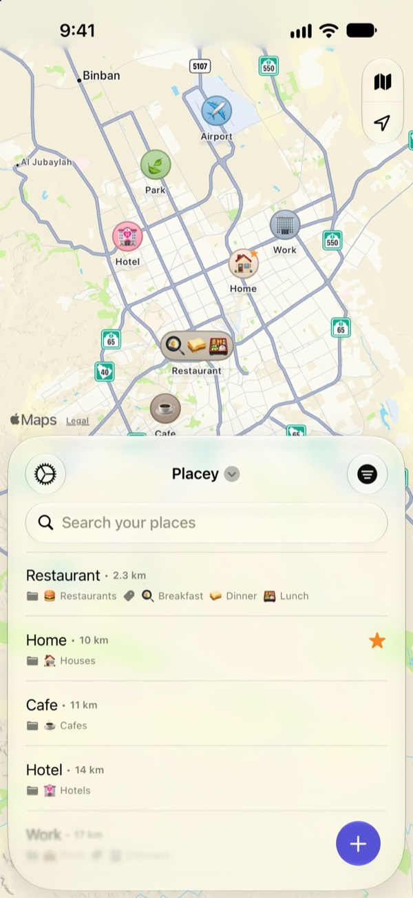 Placey map with emoji pins for home, work, a café, a hotel and restaurants