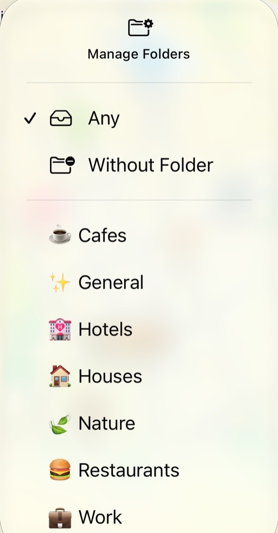 Folder filter menu with Cafes, General, Hotels, Houses, Nature, Restaurants and Work
