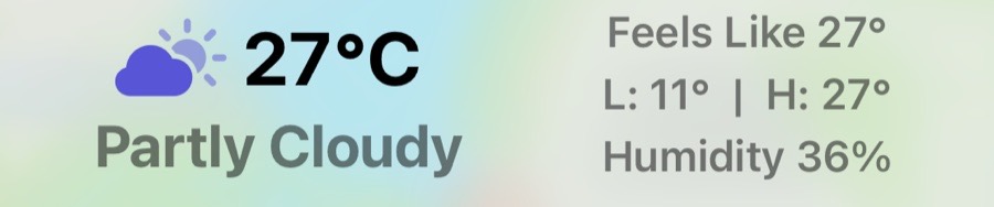 27°C, partly cloudy, feels like 27°, humidity 36%